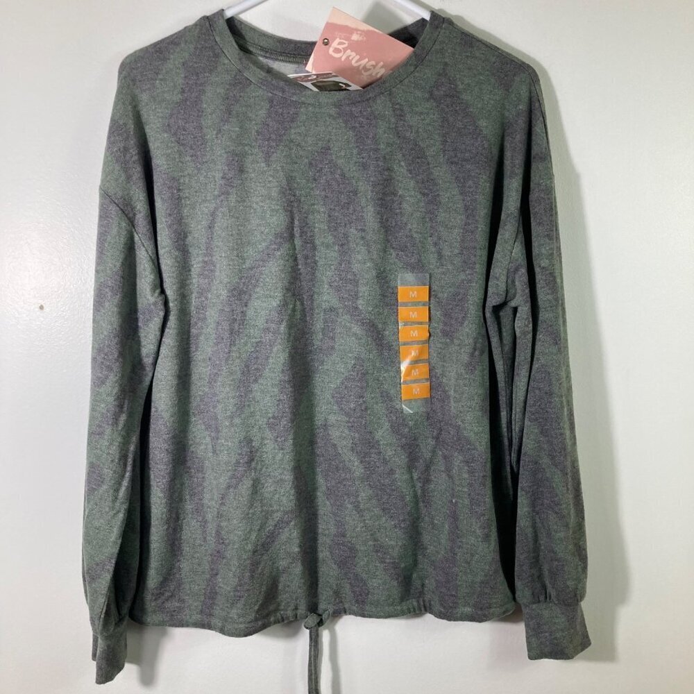 Womens Brushed Sweatshirt Tie Front‎ Jungle Green Zebra M NWT #1